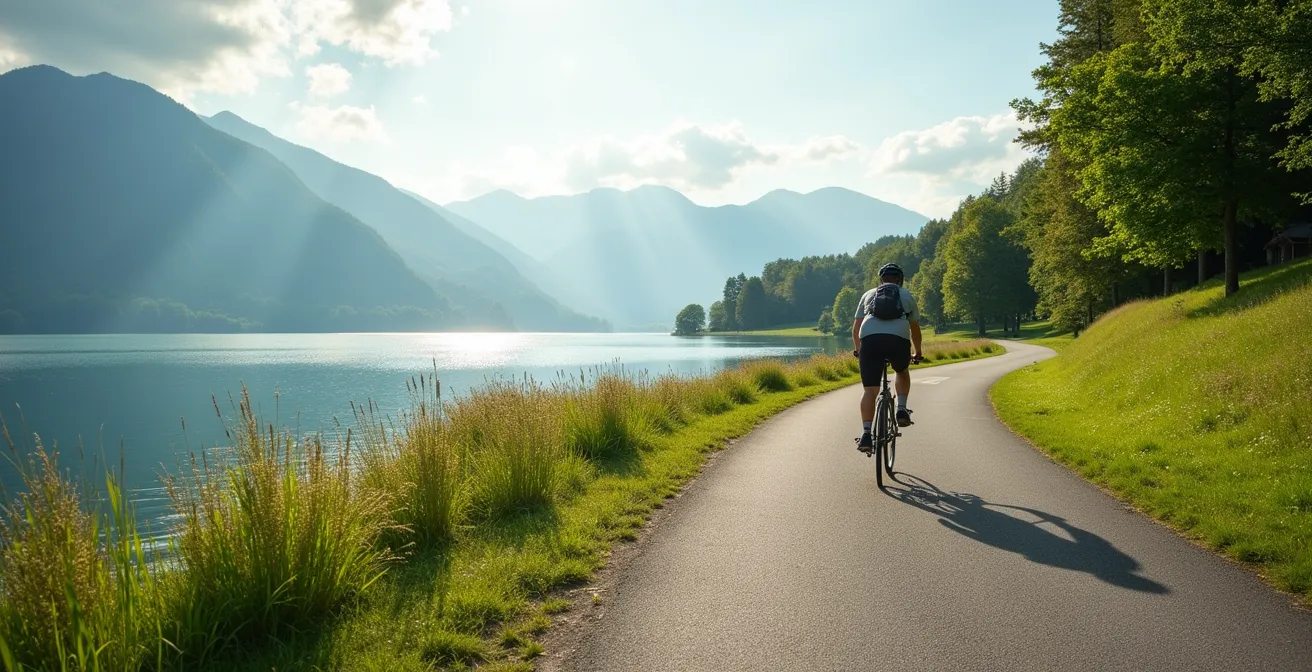 Vue large sur une piste cyclable longeant le lac d'Annecy avec des cyclistes sous un beau ciel bleu