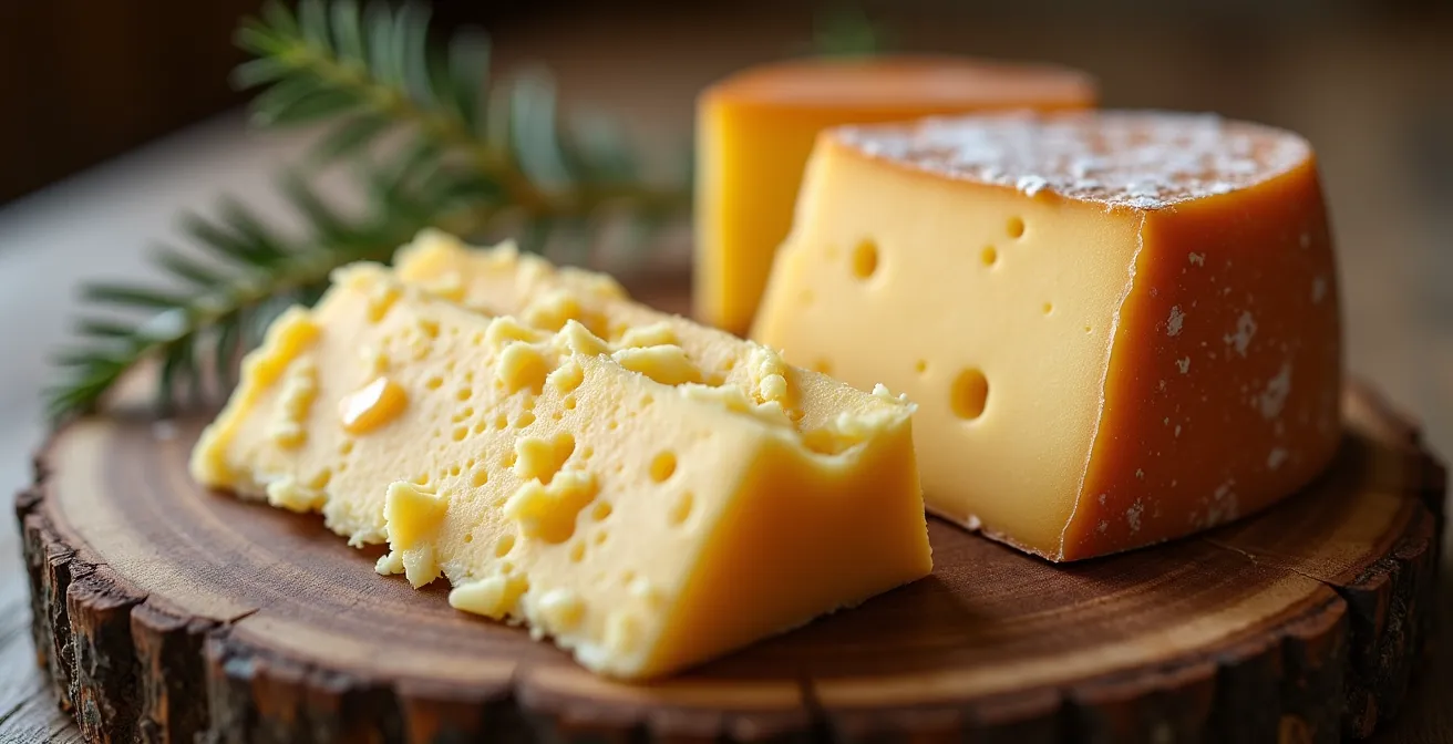 Détail macro photographique de fromages locaux sur une planche en bois rustique en camping