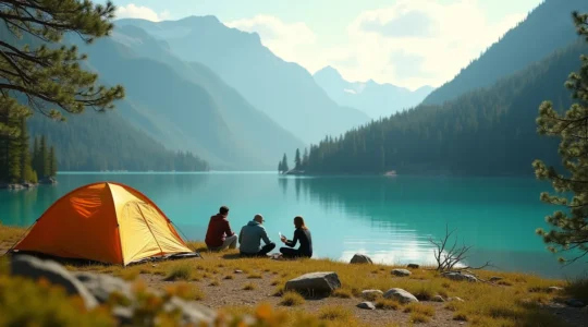 Vue panoramique d'un camping au bord du lac d'Annecy, montagnes au loin, ambiance naturelle et sereine sans éléments lisibles