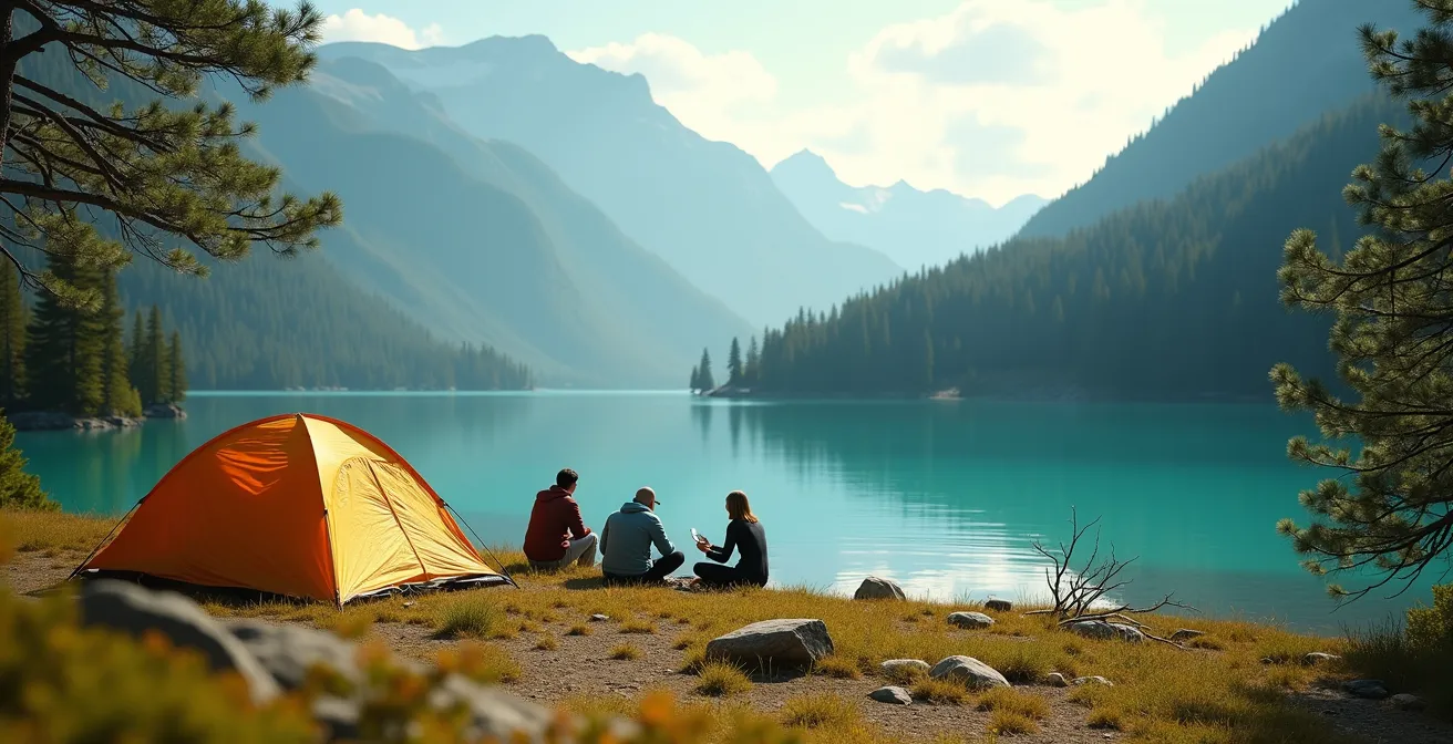 Vue panoramique d'un camping au bord du lac d'Annecy, montagnes au loin, ambiance naturelle et sereine sans éléments lisibles